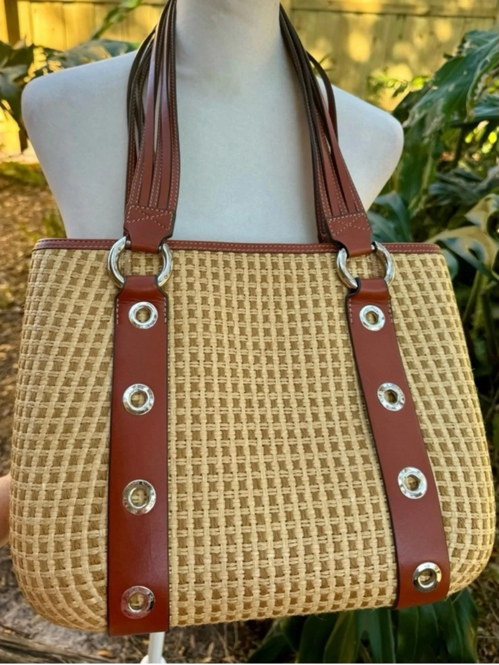 Maxx New York Woven Straw Tote with Brown Leather Trim